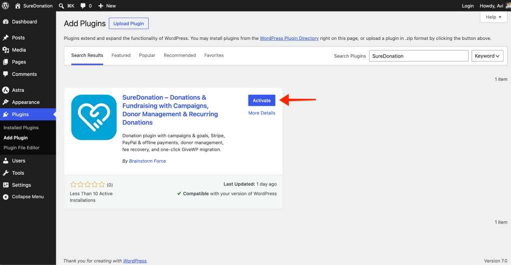 Installing SureDonation Activate donation plugin
