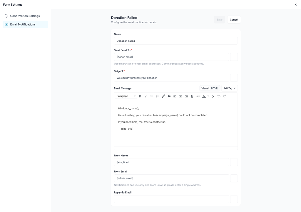 Form Settings in SureDonation Donation email settings form