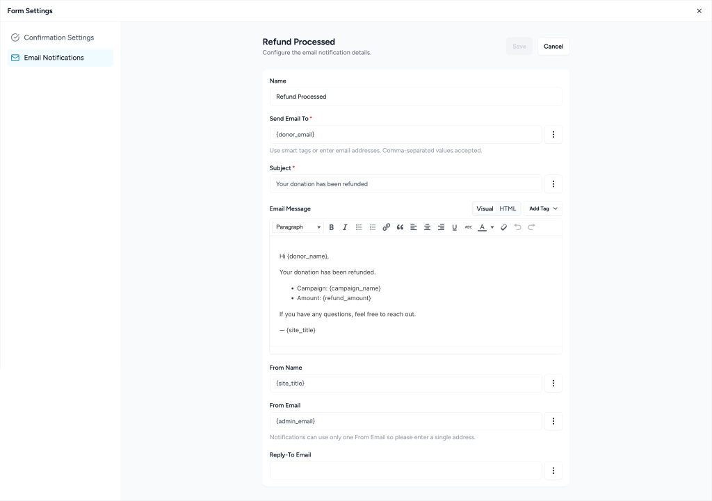 Form Settings in SureDonation Email notification settings for refunds