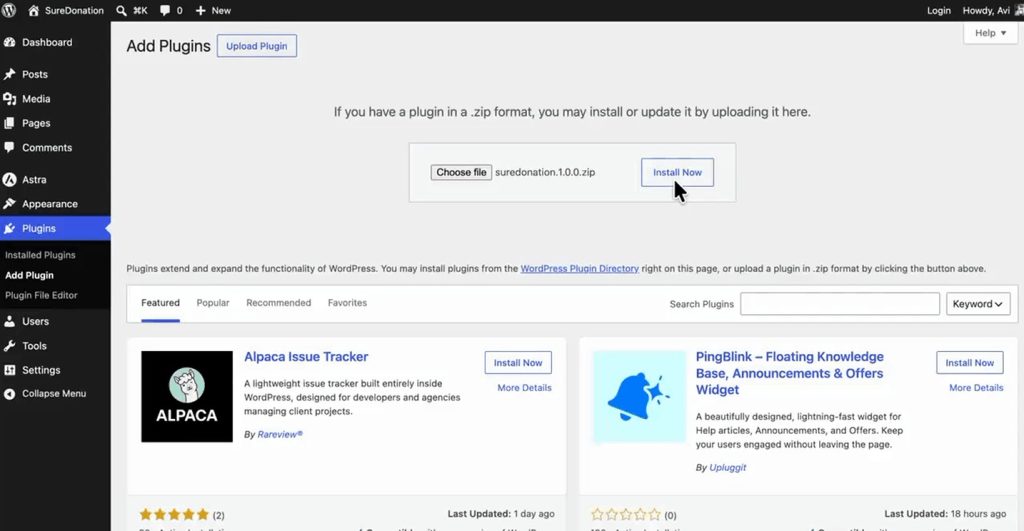 Installing SureDonation Install plugin from zip file