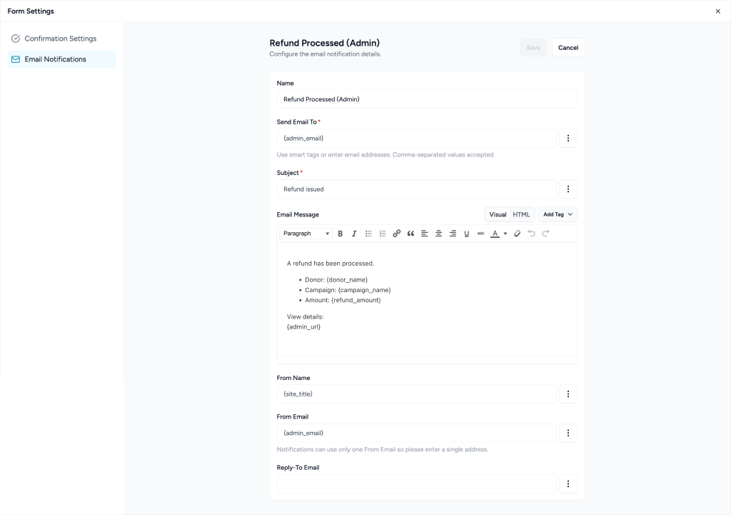 Form Settings in SureDonation Refund notification settings form