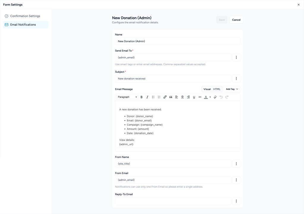 Form Settings in SureDonation New donation email settings