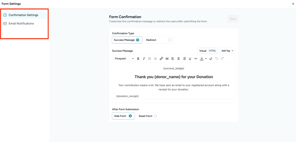 Form Settings in SureDonation Form Confirmation and Email Notifications settings