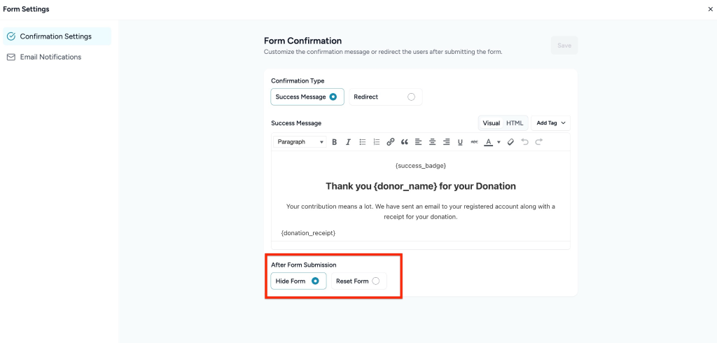 Form Settings in SureDonation Form submission settings for donors