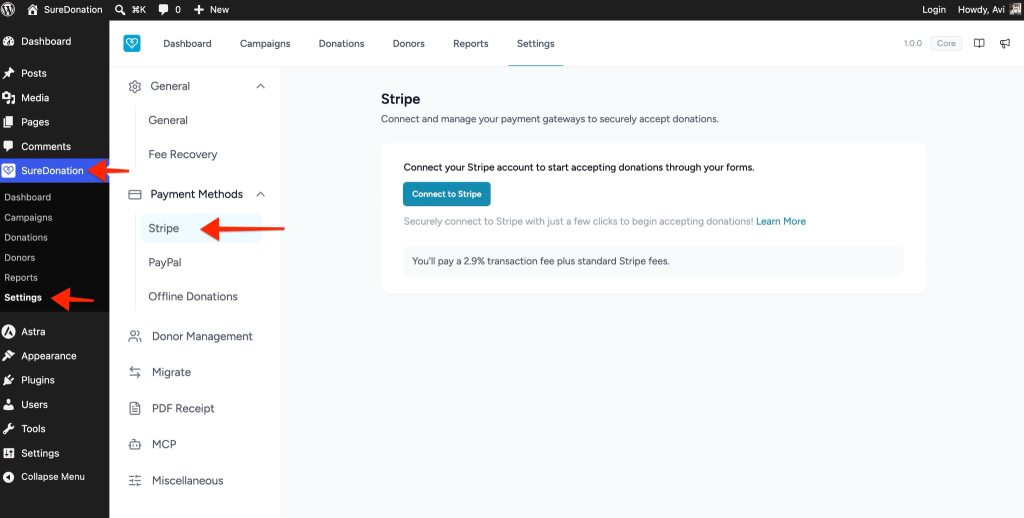 Connecting Stripe in SureDonation SureDonation settings Stripe connection