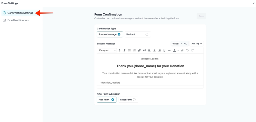 Form Settings in SureDonation Form Confirmation