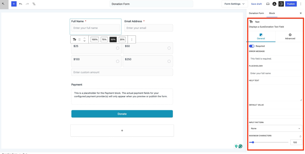 Donation form text field settings
