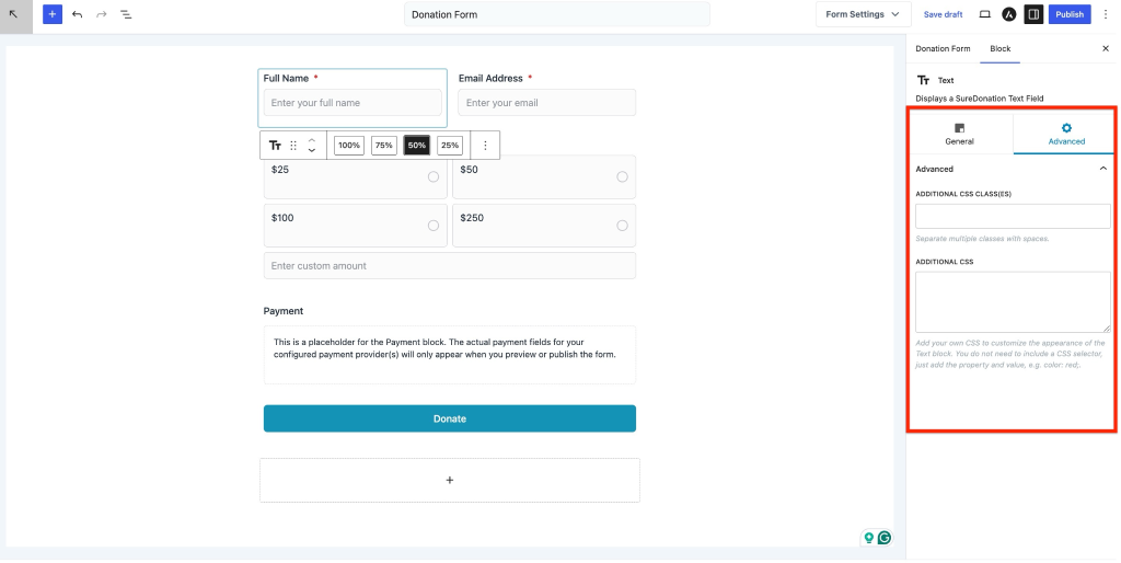 Donation form block settings en-US