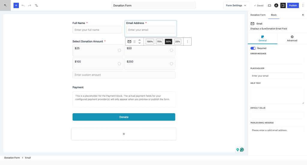 Email Field in SureDonation email general settings