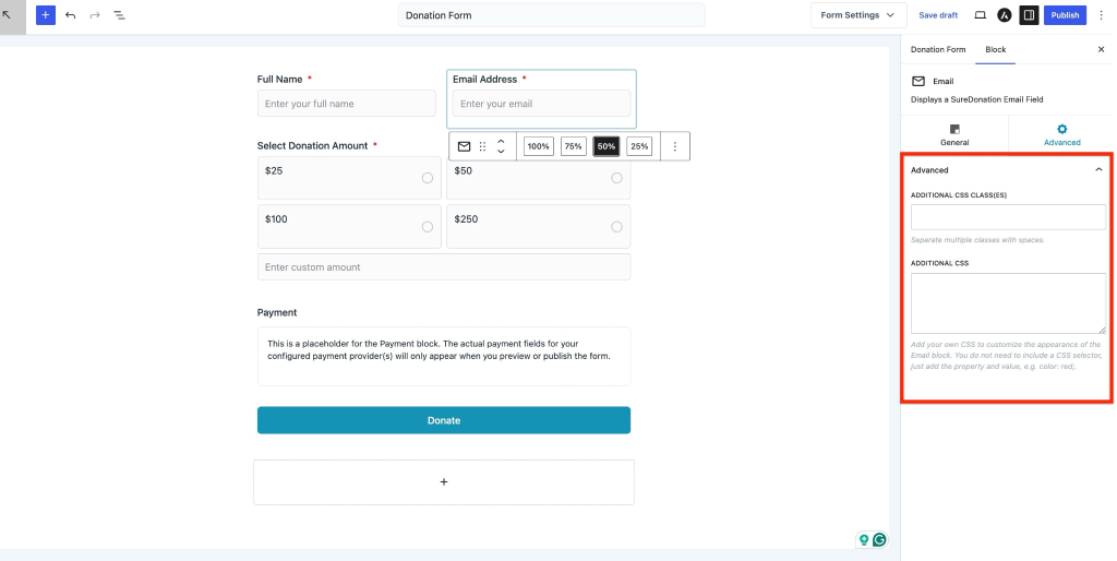 Email Field in SureDonation Donation form customization options.