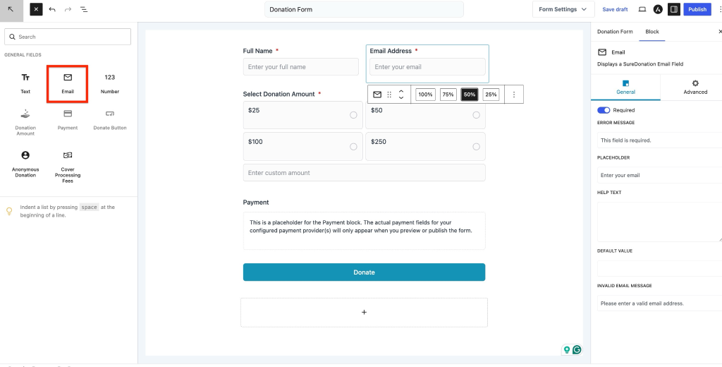 Email Field in SureDonation Add email filed