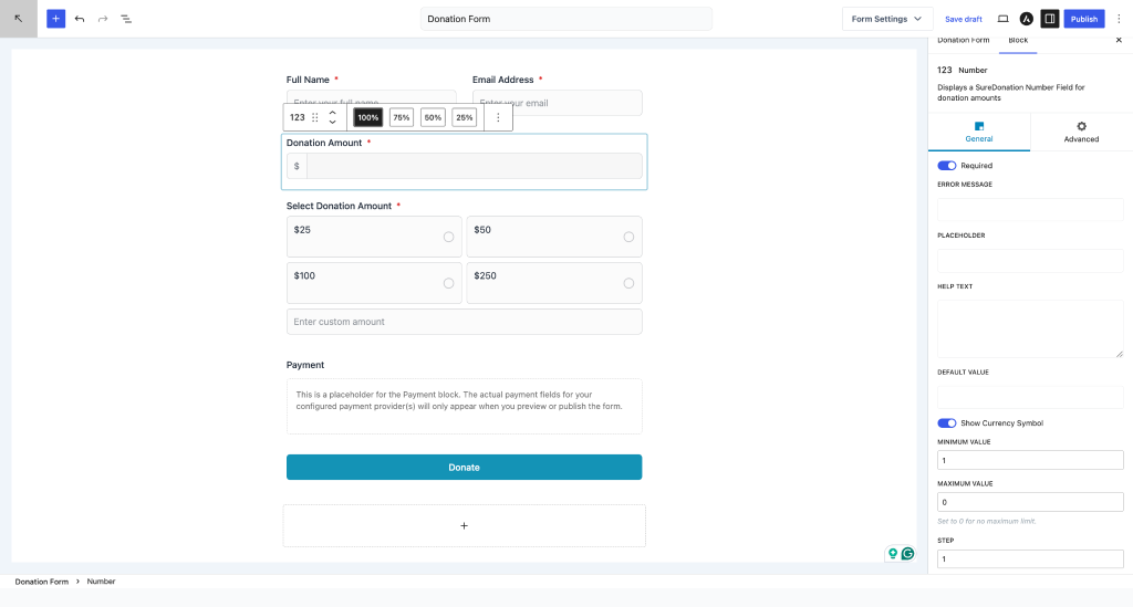 Number Field in SureDonation Number field General settings