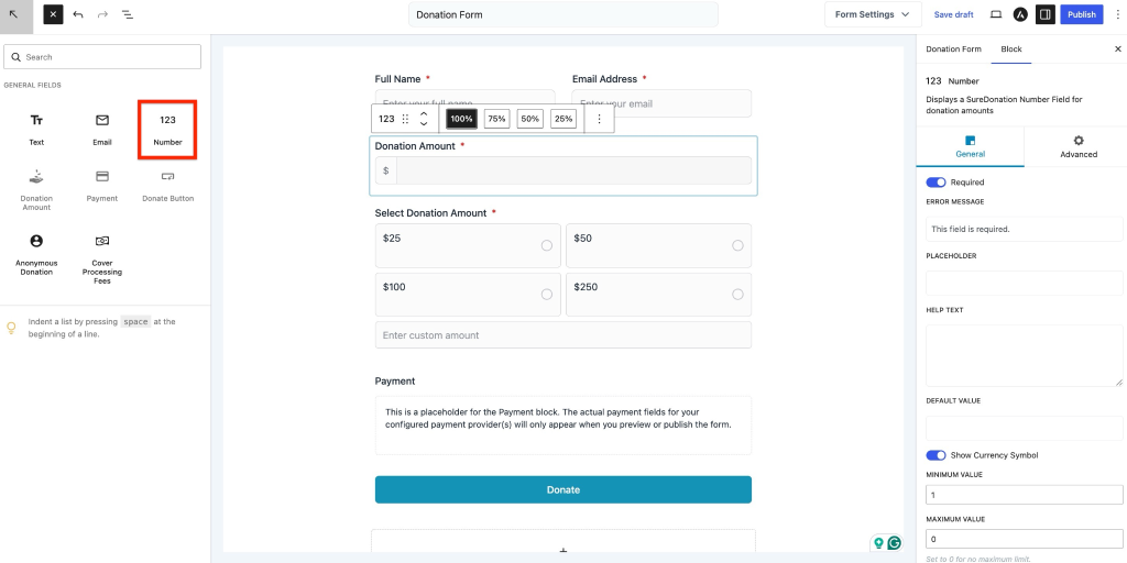 Number Field in SureDonation Add number field