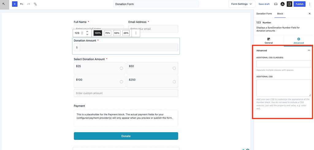 Number Field in SureDonation Donation form advanced settings.