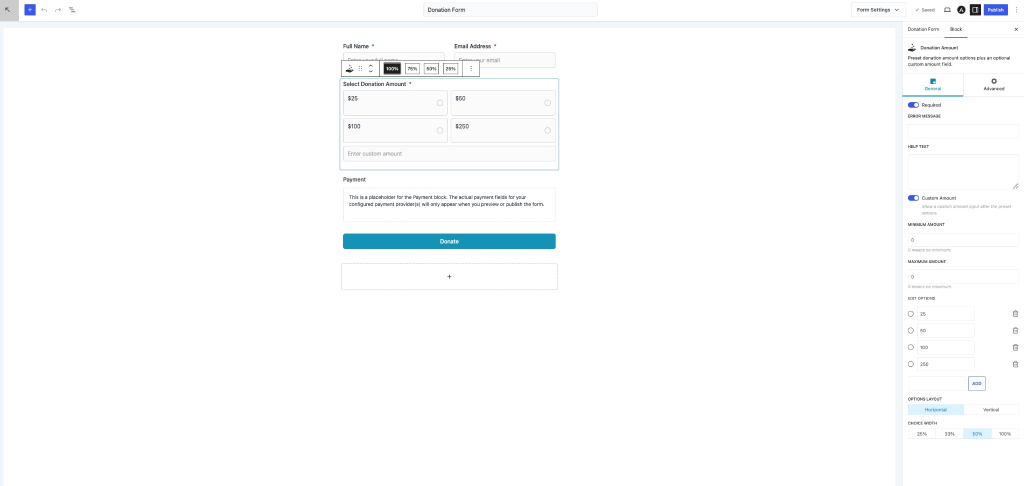 Donation Amount Field in SureDonation Donation form with preset amounts