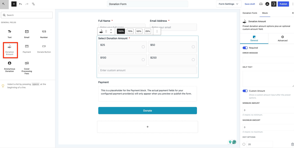 Donation Amount Field in SureDonation Donation amount field selected