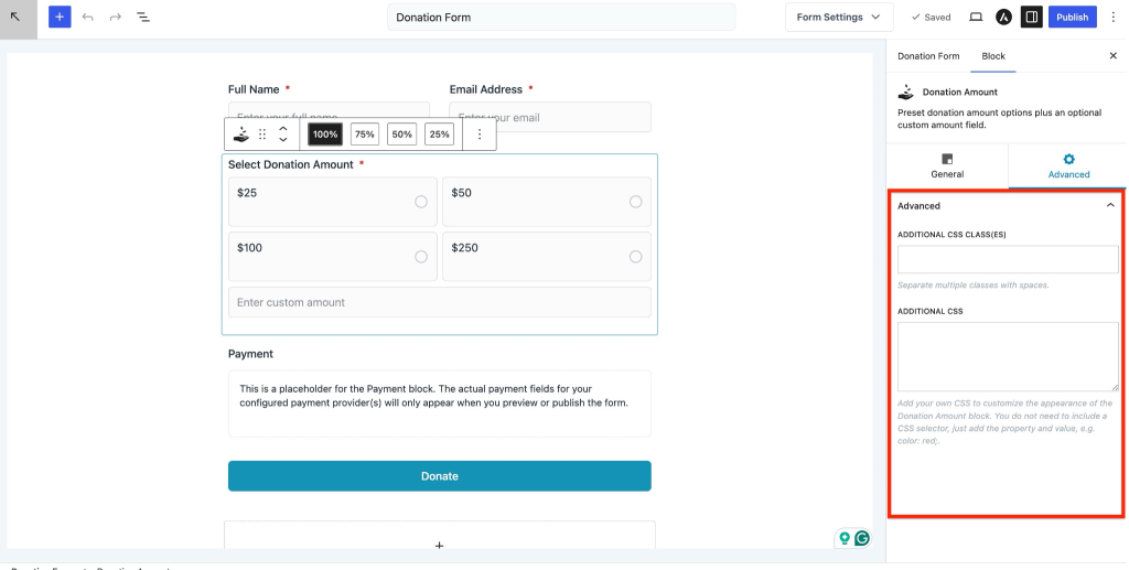 Donation Amount Field in SureDonation Donation form donation amount settings