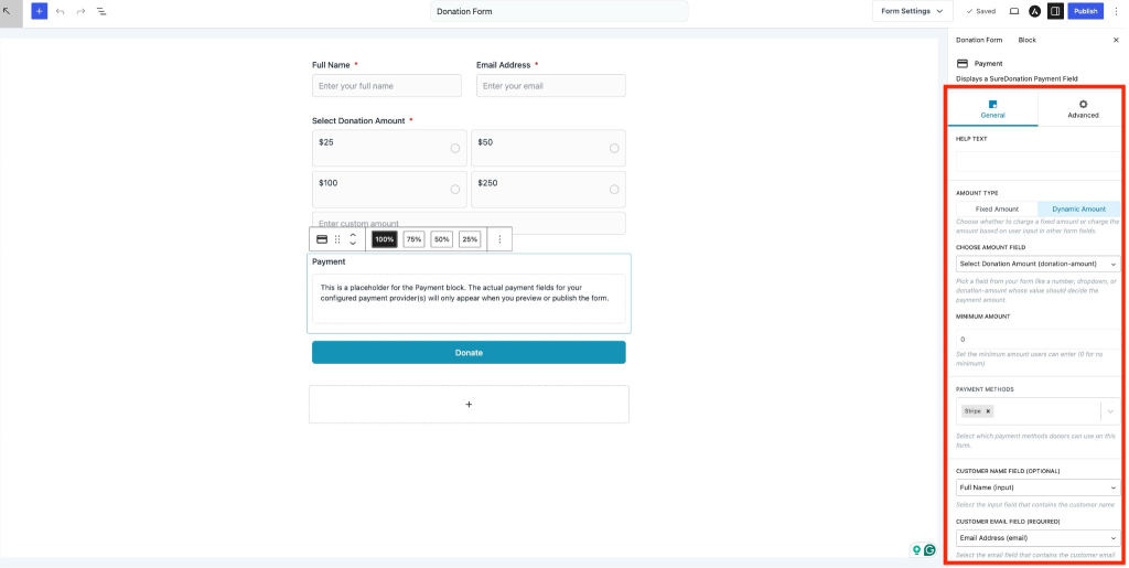 Payment Field in SureDonation Donation form payment settings