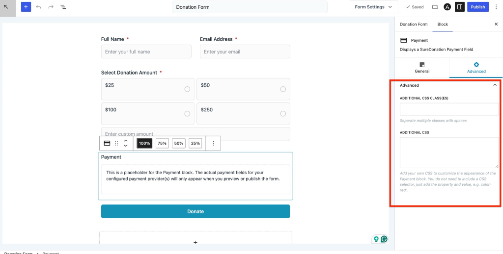 Payment Field in SureDonation advance setting payment filed