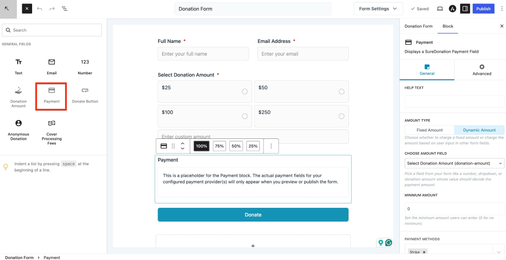 Payment Field in SureDonation Add Payment Field