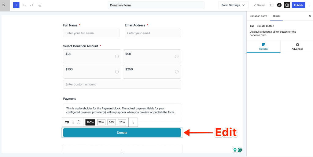Donate Button in SureDonation Edit button text