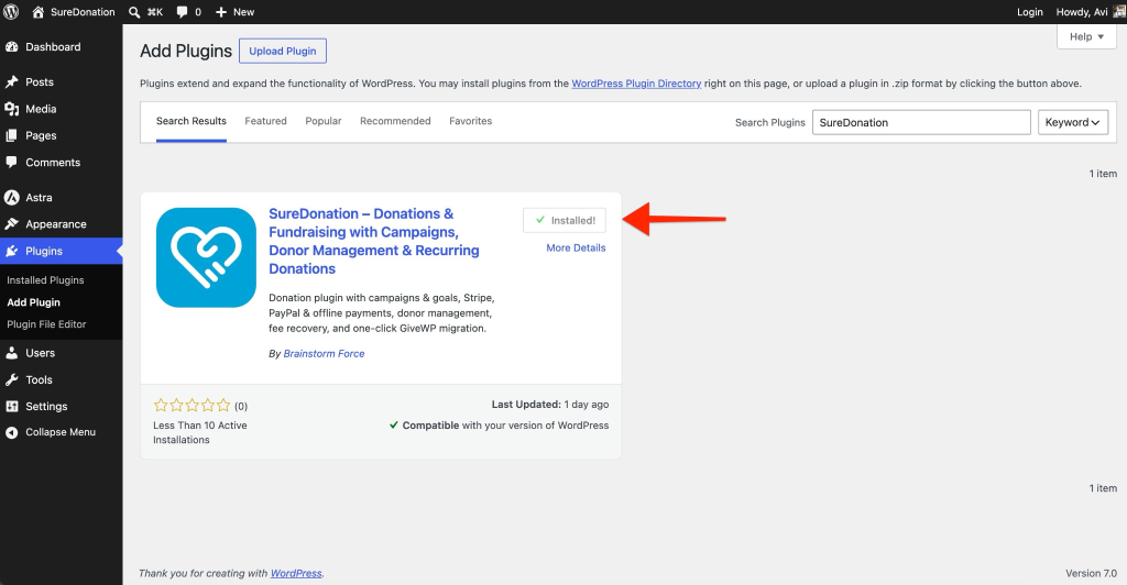 Installing SureDonation SureDonation plugin installed successfully