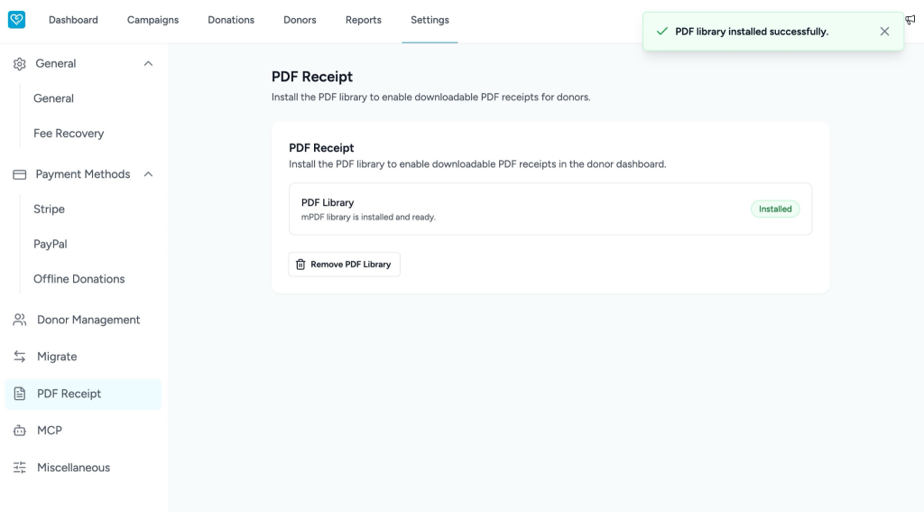 PDF Library Setup in SureDonation PDF library installed successfully.