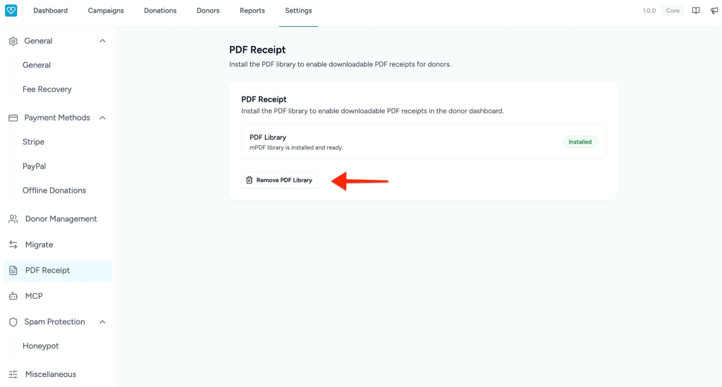 PDF Library Setup in SureDonation Remove PDF Library button