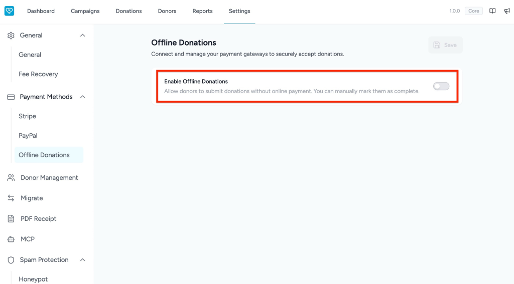 Configuring Offline Donations in SureDonation Enable offline donations setting