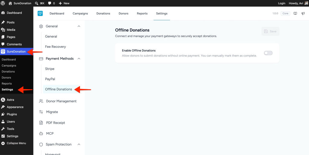 Configuring Offline Donations in SureDonation Offline Donations Settings