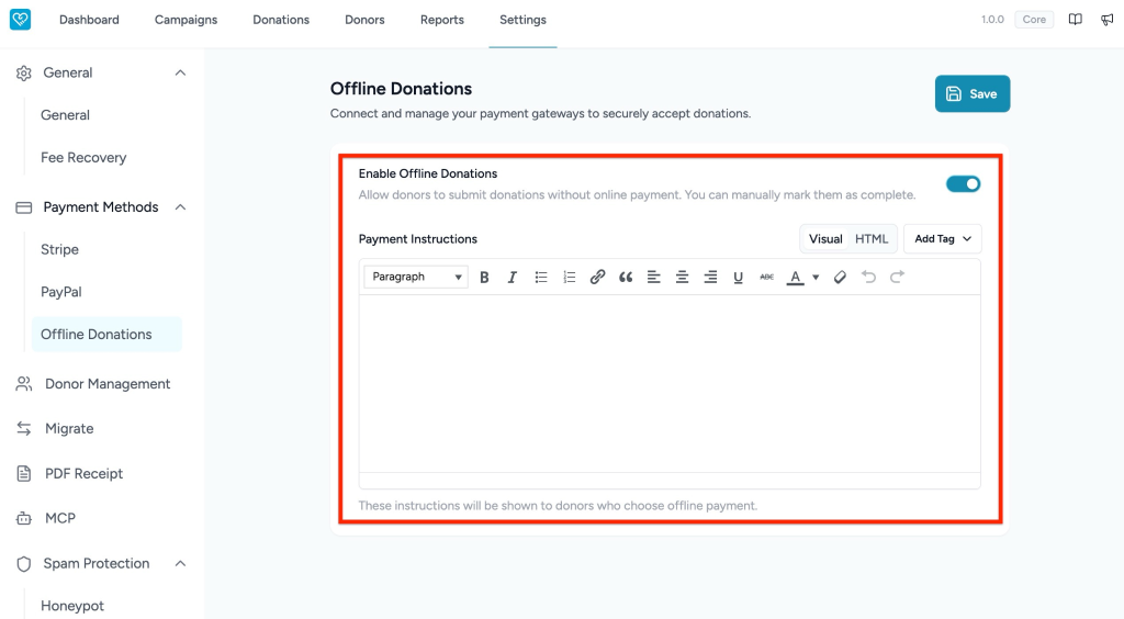 Configuring Offline Donations in SureDonation Offline donations settings page