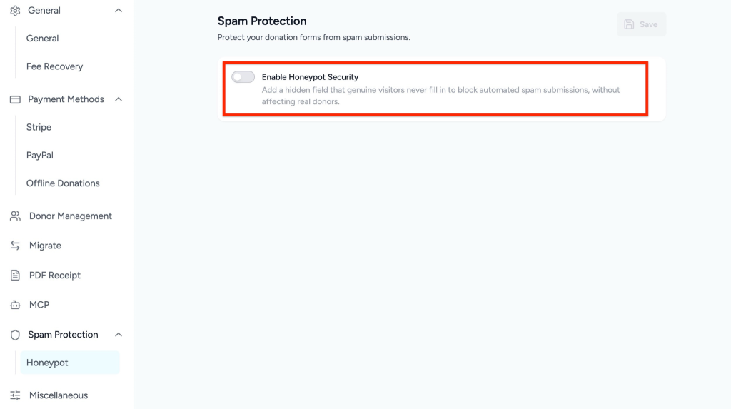 Configuring Spam Protection in SureDonation Enable honeypot security toggle
