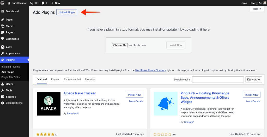 Installing SureDonation Upload plugin button highlighted