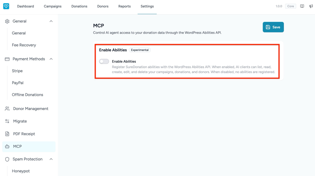 Configuring MCP in SureDonation Enable AI Abilities MCP setting
