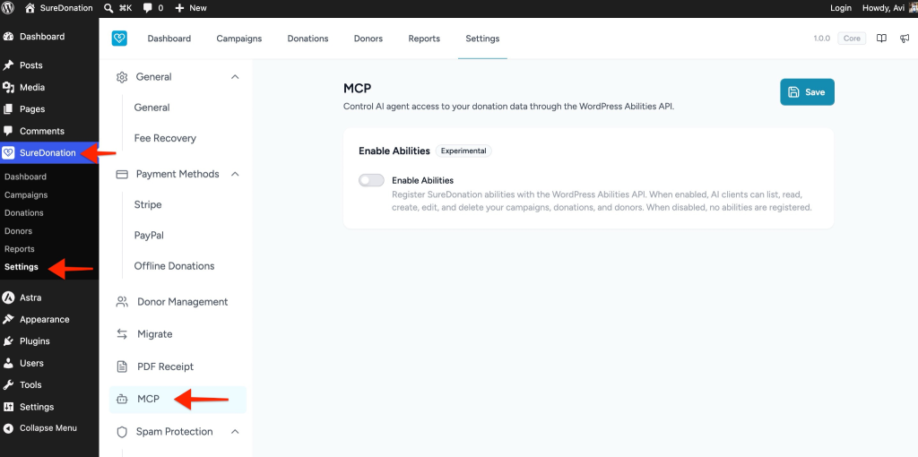 Configuring MCP in SureDonation MCP settings page