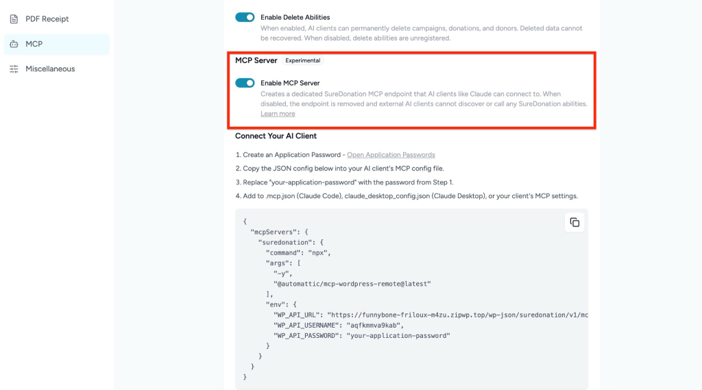 Configuring MCP in SureDonation Enable MCP Server
