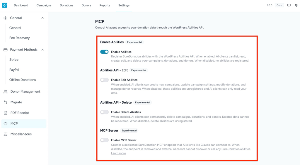 Configuring MCP in SureDonation MCP settings for AI abilities