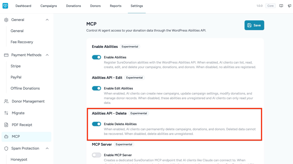 Configuring MCP in SureDonation MCP settings page