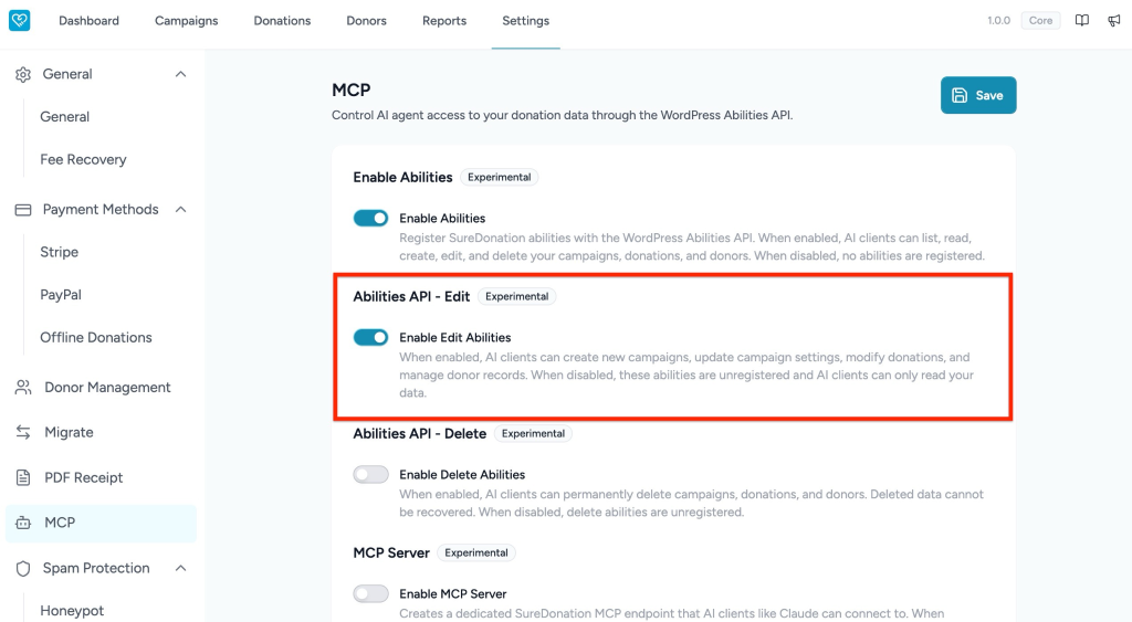 Configuring MCP in SureDonation MCP settings, edit abilities