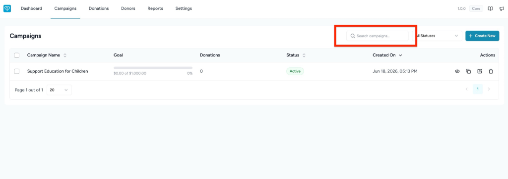 Creating and Managing Campaigns in SureDonation Campaign search bar