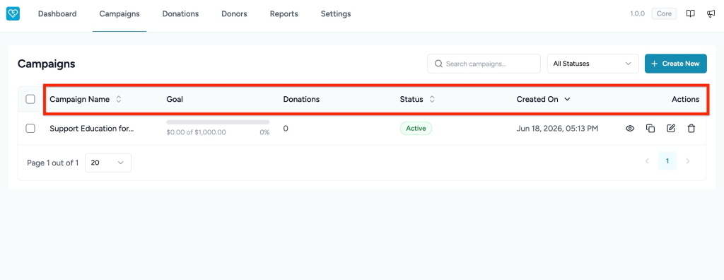 Creating and Managing Campaigns in SureDonation Campaigns list with status.