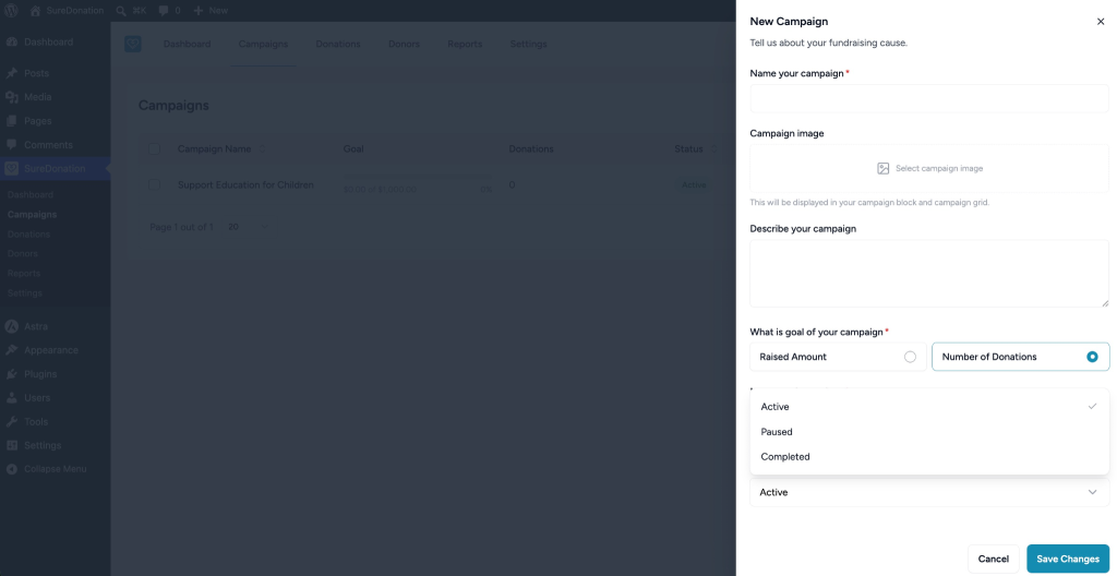 Creating and Managing Campaigns in SureDonation New campaign setup form