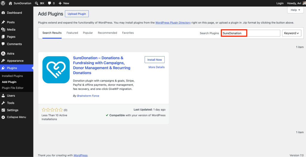 Installing SureDonation SureDonation plugin search results