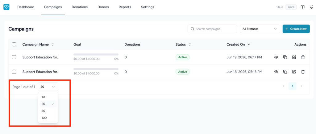 Creating and Managing Campaigns in SureDonation Campaigns page with pagination options