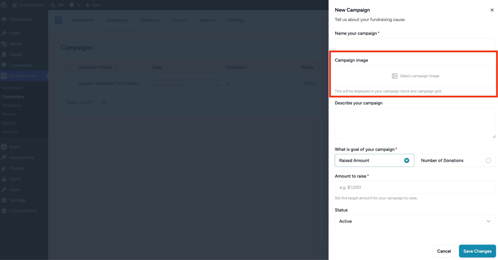 Creating and Managing Campaigns in SureDonation SureDonation campaign image upload area