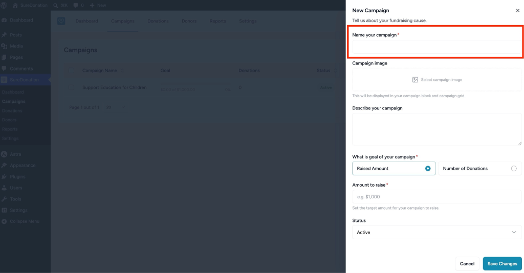 Creating and Managing Campaigns in SureDonation Campaign creation form fields