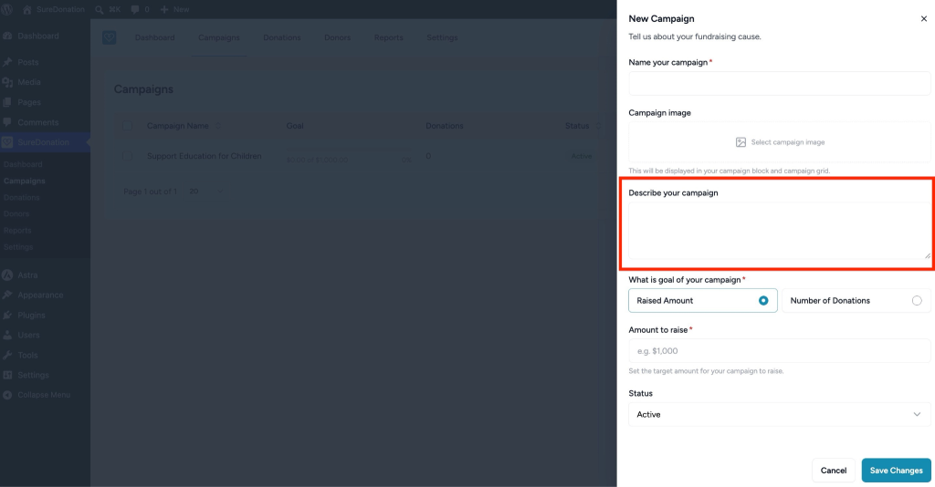 Creating and Managing Campaigns in SureDonation Describe your campaign input field