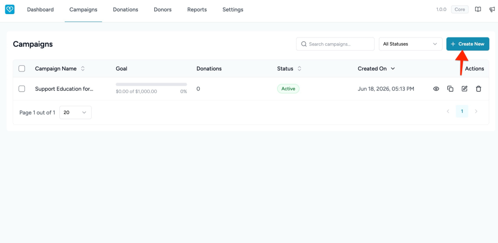 Creating and Managing Campaigns in SureDonation Create new campaign button