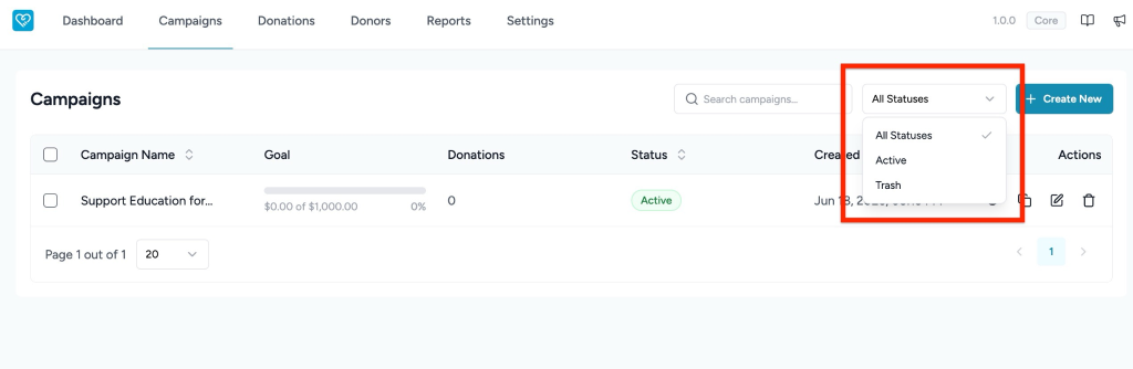 Creating and Managing Campaigns in SureDonation Campaign status filter menu