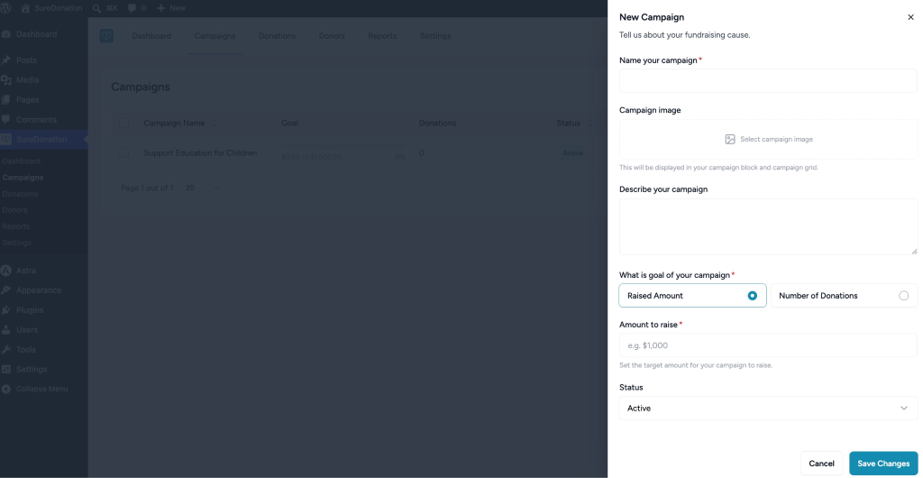 Creating and Managing Campaigns in SureDonation Create new campaign form